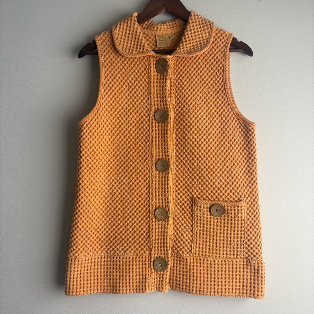 Boho Textured Waffle Knit Vest Mustard Button Front Cottagecore Small